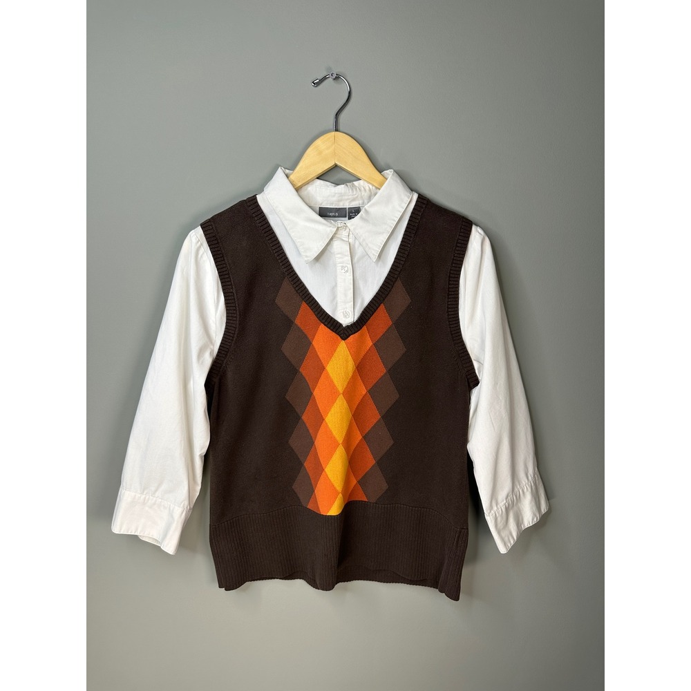 Apt. 9 Argyle Sweater Vest Layered Top Womens Large Brown Orange 2-in-1